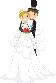 Royalty Free Clipart Image of a Groom Hugging His Bride