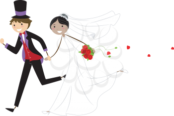 Royalty Free Clipart Image of a Bridal Couple on the Run