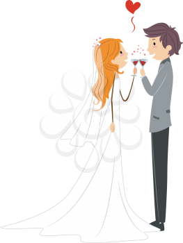 Royalty Free Clipart Image of a Newlywed Couple Toasting