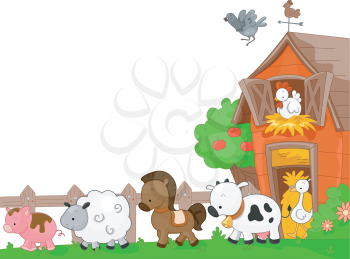 Royalty Free Clipart Image of Farm Animals Leaving the Barn