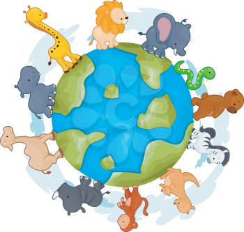 Royalty Free Clipart Image of Animals Walking Around a Globe