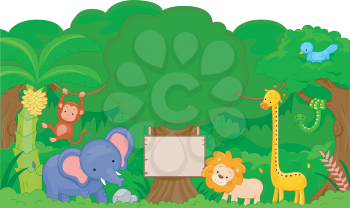 Royalty Free Clipart Image of Jungle Animals and a Blank Sign on a Tree