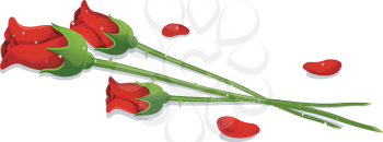 Royalty Free Clipart Image of Three Roses and Some Loose Petals