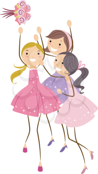 Royalty Free Clipart Image of Girls Trying to Catch a Bouquet
