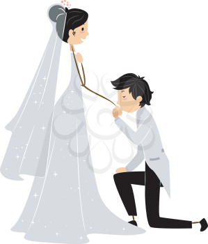 Royalty Free Clipart Image of a Groom Kissing His Bride's Hand