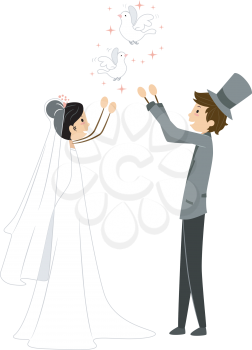 Royalty Free Clipart Image of Newlyweds Releasing Doves