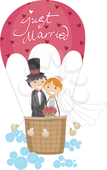 Royalty Free Clipart Image of Newlyweds in a Hot Air Balloon