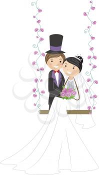 Royalty Free Clipart Image of Newlyweds on a Swing
