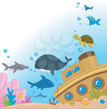 Royalty Free Clipart Image of a Sunken Ship and Fish