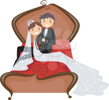 Royalty Free Clipart Image of a Newlywed Couple Seated on a Bed