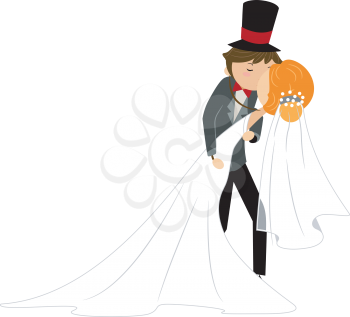 Royalty Free Clipart Image of a Newlywed Couple Kissing