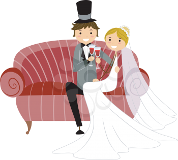 Royalty Free Clipart Image of a Bridal Couple Toasting on a Settee