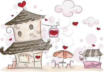 Royalty Free Clipart Image of a Valentine-Themed Store and Tables