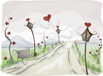 Royalty Free Clipart Image of a Rural Scene With Hearts