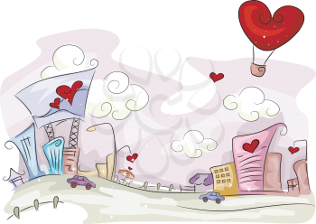 Royalty Free Clipart Image of an Urban Scene With Hearts