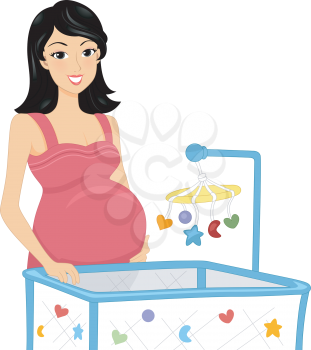 Illustration of a Pregnant Woman Standing Beside a Crib