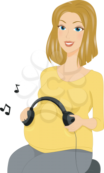 Illustration of a Pregnant Woman Holding a Pair of Headphones