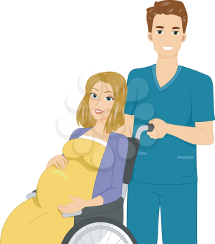 Illustration of a Woman Being Pushed in a Wheelchair by a Nurse