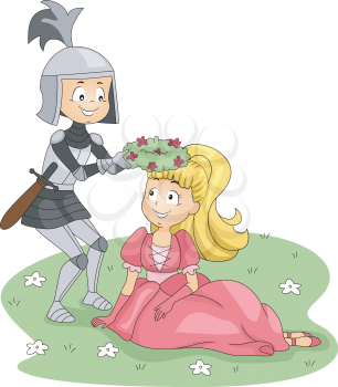 Illustration of a Knight Placing a Crown of Flowers on a Princess