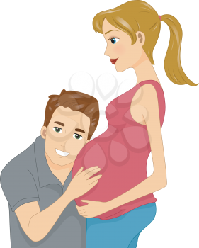 Illustration of a Husband Listening to His Wife's Tummy