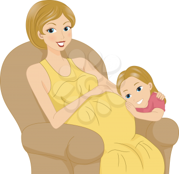 Illustration of a Girl Listening to Her Mother's Tummy