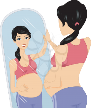 Illustration of a Pregnant Woman Checking Herself in the Mirror