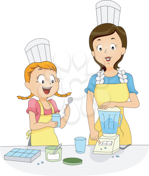 Illustration of a Girl and a Woman Using a Blender to Prepare Food