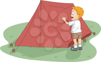 Illustration of a Kid Fixing His Tent
