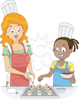 Illustration of a Woman and a Girl Adding Toppings to Cupcakes