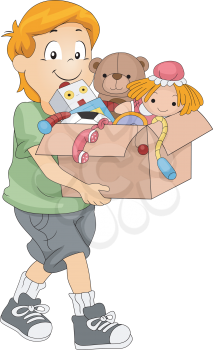 Illustration of a Kid Carrying a Box Full of Toys for Donation or Organizing