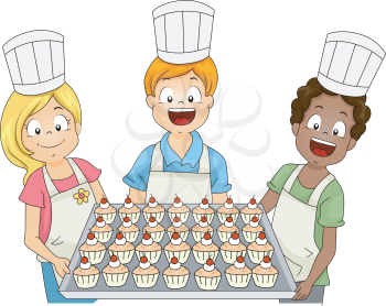 Illustration of Kids Presenting Cupcakes
