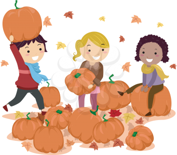 Illustration of Stick Kids Playing with Pumpkins