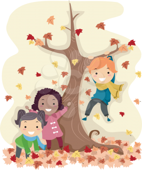 Illustration of Stick Kids Playing with Autumn Leaves