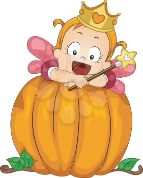 Illustration of a Baby Girl Dressed as a Fairy on a Pumpkin 