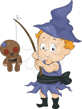 Illustration of a Baby Dressed in a Witch Costume catching a Voodoo Doll
