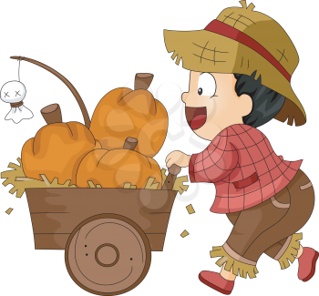 Illustration of a Toddler Pushing a Pumpkin Cart