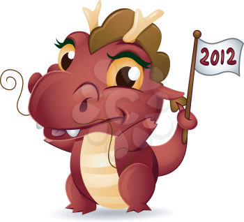Illustration of a Dragon Holding a New Year Flag