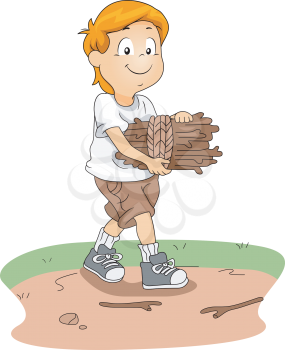 Illustration of a Kid Gathering Firewood