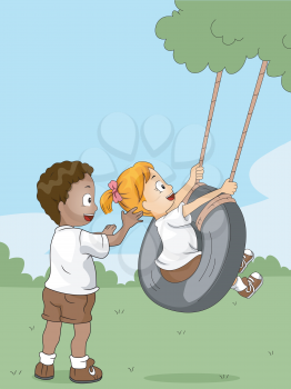 Illustration of Kids Playing with a Swing