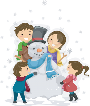 Illustration of a Family Playing with a Snowman