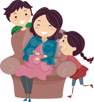 Illustration of a Pregnant Stickwoman Surrounded by Her Kids