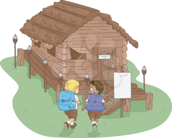 Illustration of Kids Heading to a Log Cabin