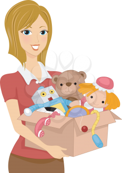 Illustration of a Girl Carrying a Box Full of Toys for Donation or Storage