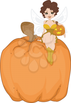 Illustration of a Pinup Girl Dresssed as a Pumpkin Fairy