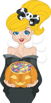 Illustration of a Pinup Girl Going Trick or Treating