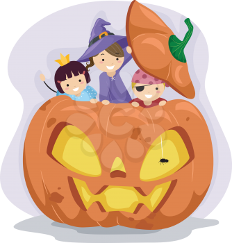 Illustration of Kids Playing Inside a Giant Pumpkin