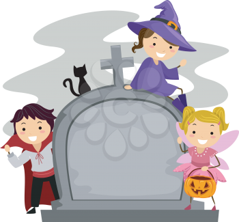 Illustration of Kids Posing Beside a Tombstone