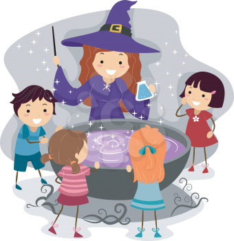 Illustration of Kids Watching a Witch Cast a Spell
