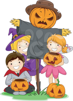 Illustration of Kids Posing Beside a Scarecrow