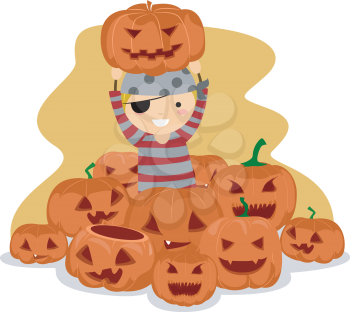 Illustration of a Kid Surrounded by Jack-o-Lanterns